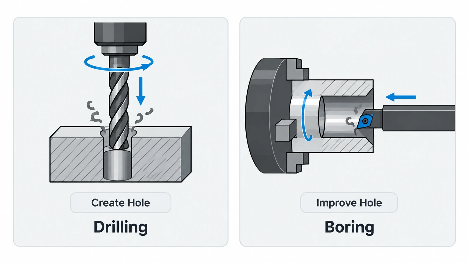 Difference between drilling and boring for creating and finishing precision holes