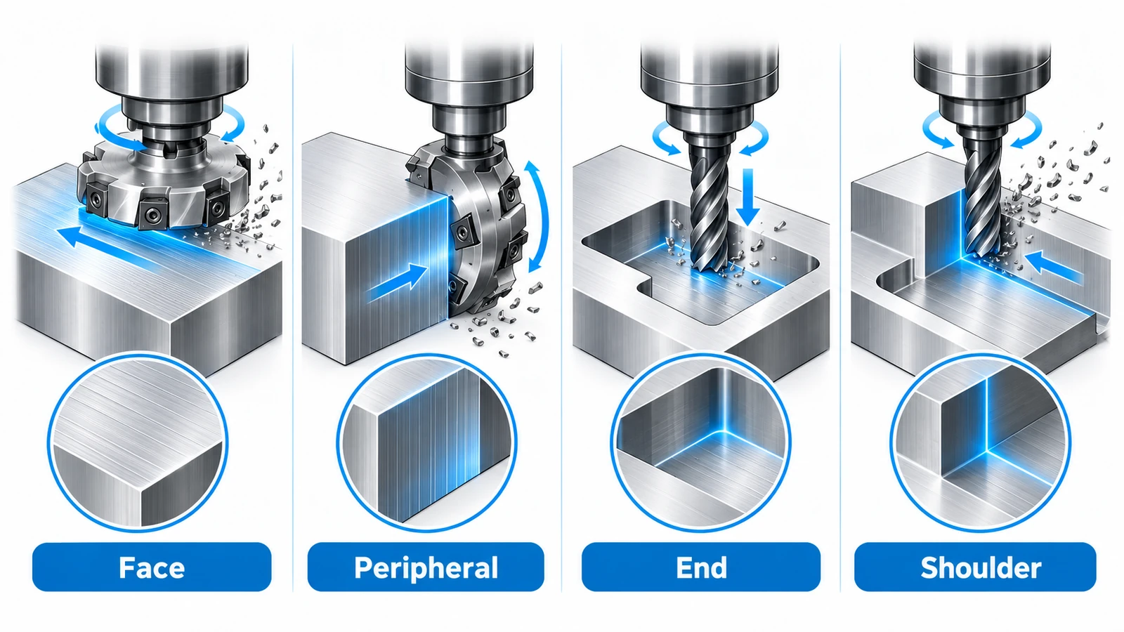Face milling vs peripheral milling vs end milling vs shoulder milling
