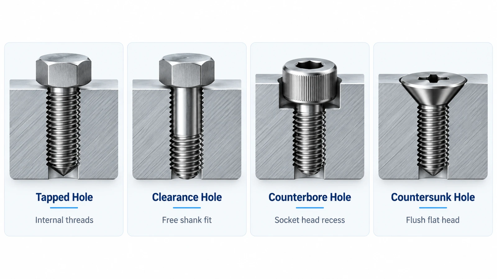 Tapped, clearance, counterbore and countersunk holes for fasteners in CNC machined parts