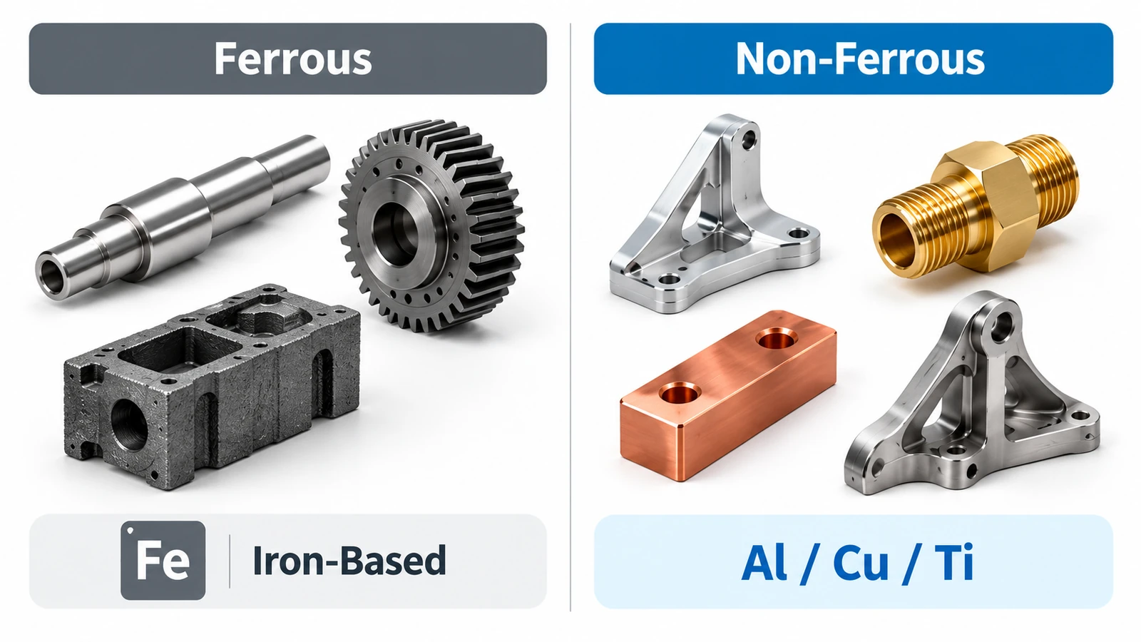 Ferrous vs non-ferrous metals showing iron-based steel and common non-ferrous metal parts