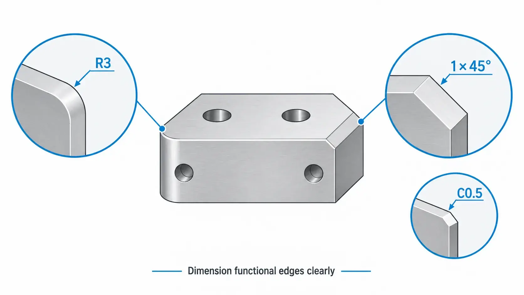 Engineering drawing callouts for R3 fillet, 1 × 45 degree chamfer and C0.5 edge chamfer