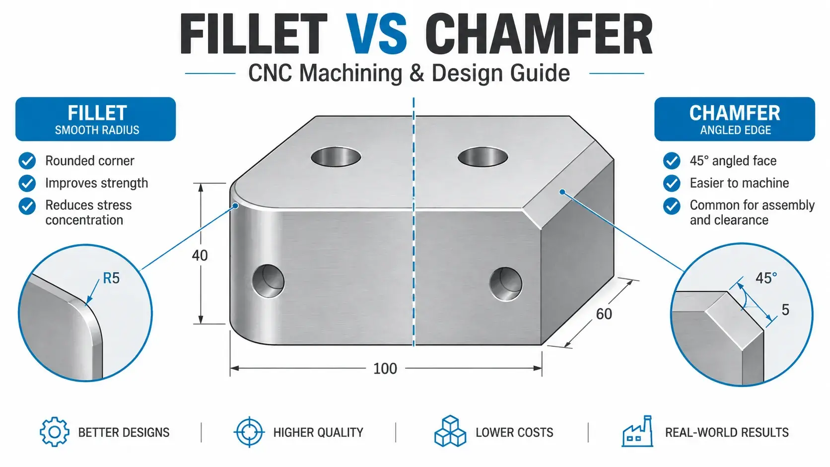 Fillet vs chamfer comparison for CNC machining and mechanical design