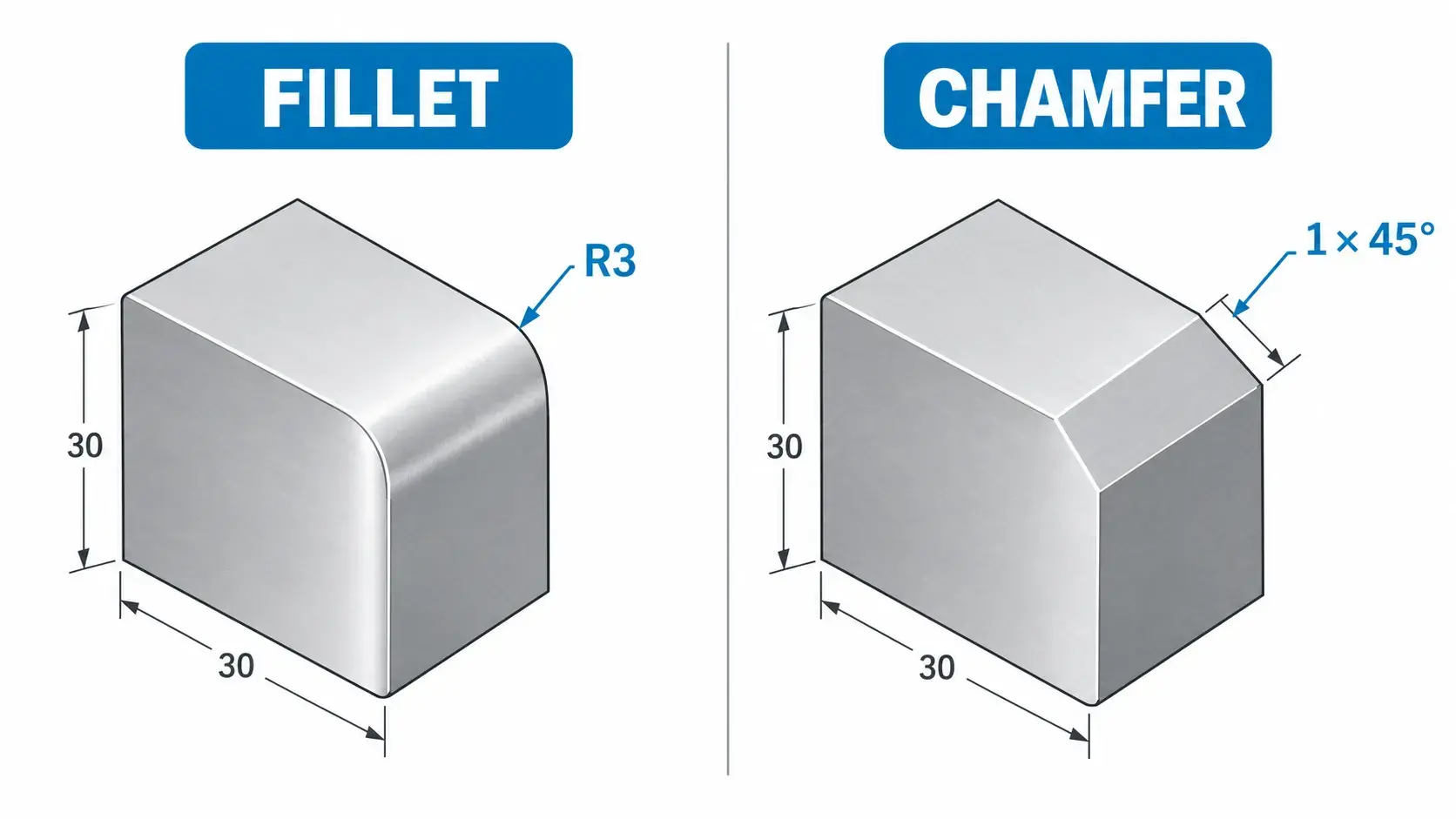 Fillet vs chamfer geometry showing R3 radius and 1 × 45 degree chamfer