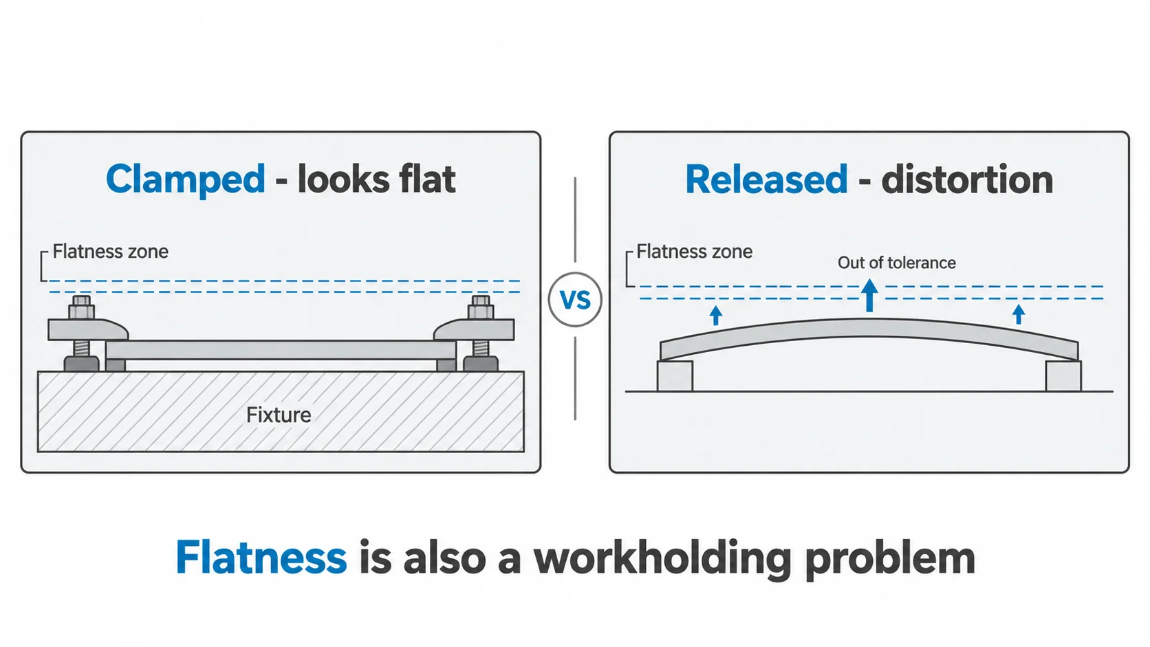 Flatness tolerance and clamping distortion on a CNC machined part