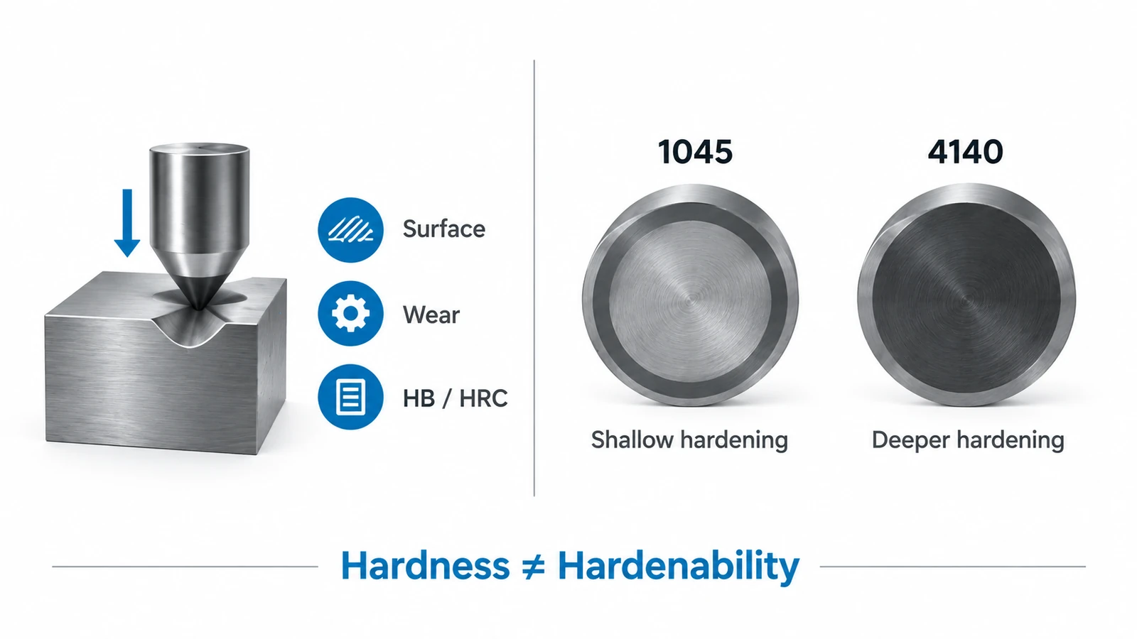 Hardness vs hardenability comparison of 1045 carbon steel and 4140 alloy steel