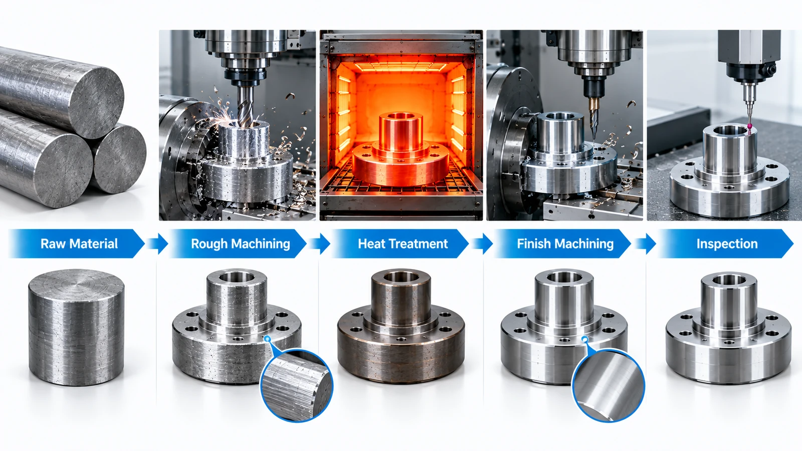 Heat treatment and CNC machining sequence from rough machining to final inspection