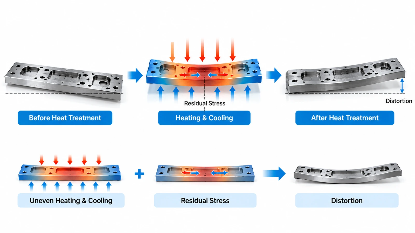 Heat treatment distortion showing warping caused by uneven heating cooling and residual stress