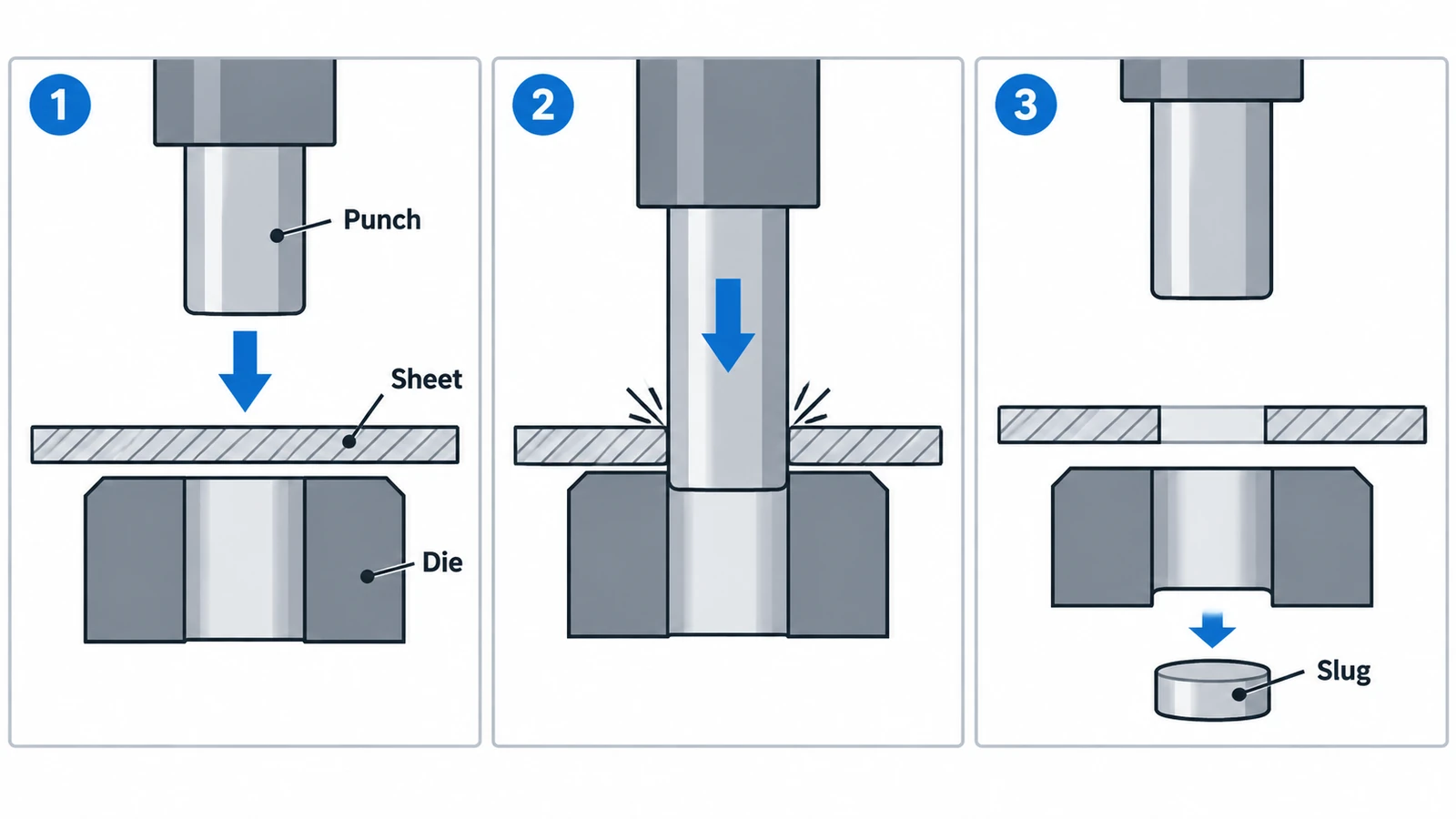 Metal punching process showing punch sheet die and removed slug