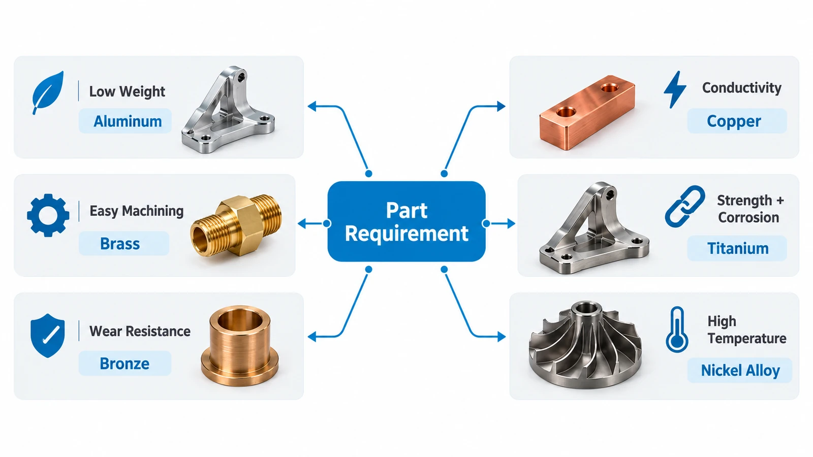 How to choose a non-ferrous metal based on weight, machinability, conductivity, wear resistance, strength and temperature