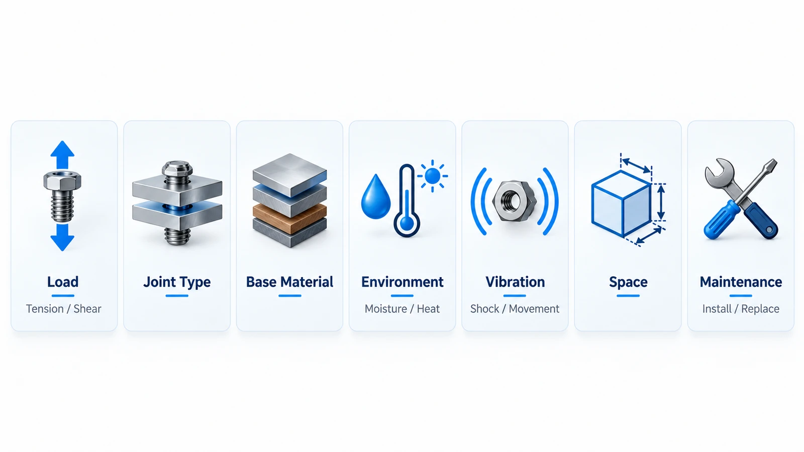 Key factors for choosing the right fastener including load, material, environment, vibration, space and maintenance
