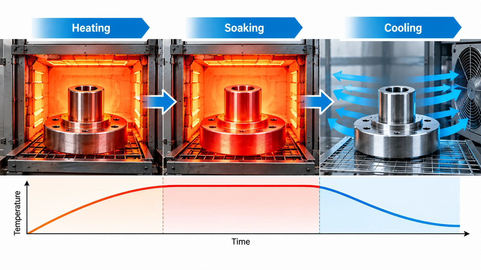Metal heat treatment process showing heating soaking and controlled cooling