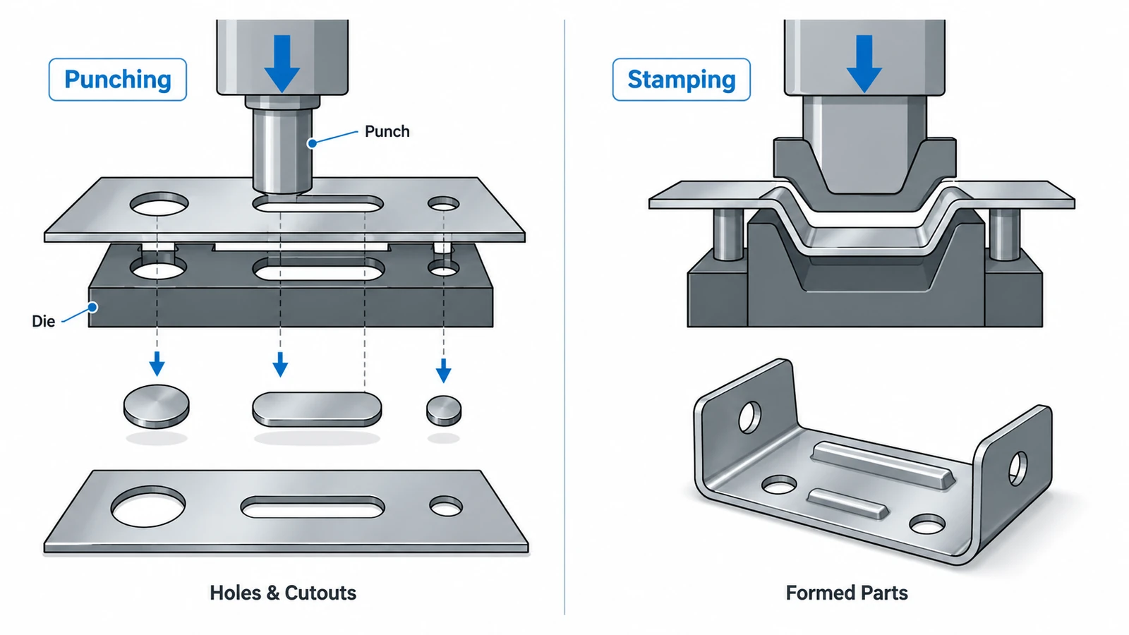 Metal punching and stamping process comparison showing cutouts and formed sheet metal parts