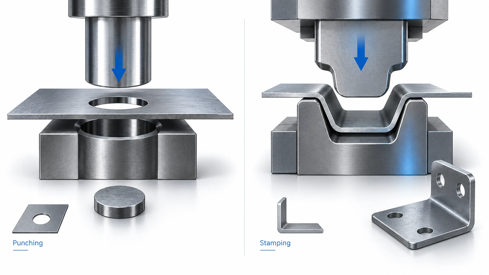Metal punching versus stamping showing punched holes and formed metal bracket