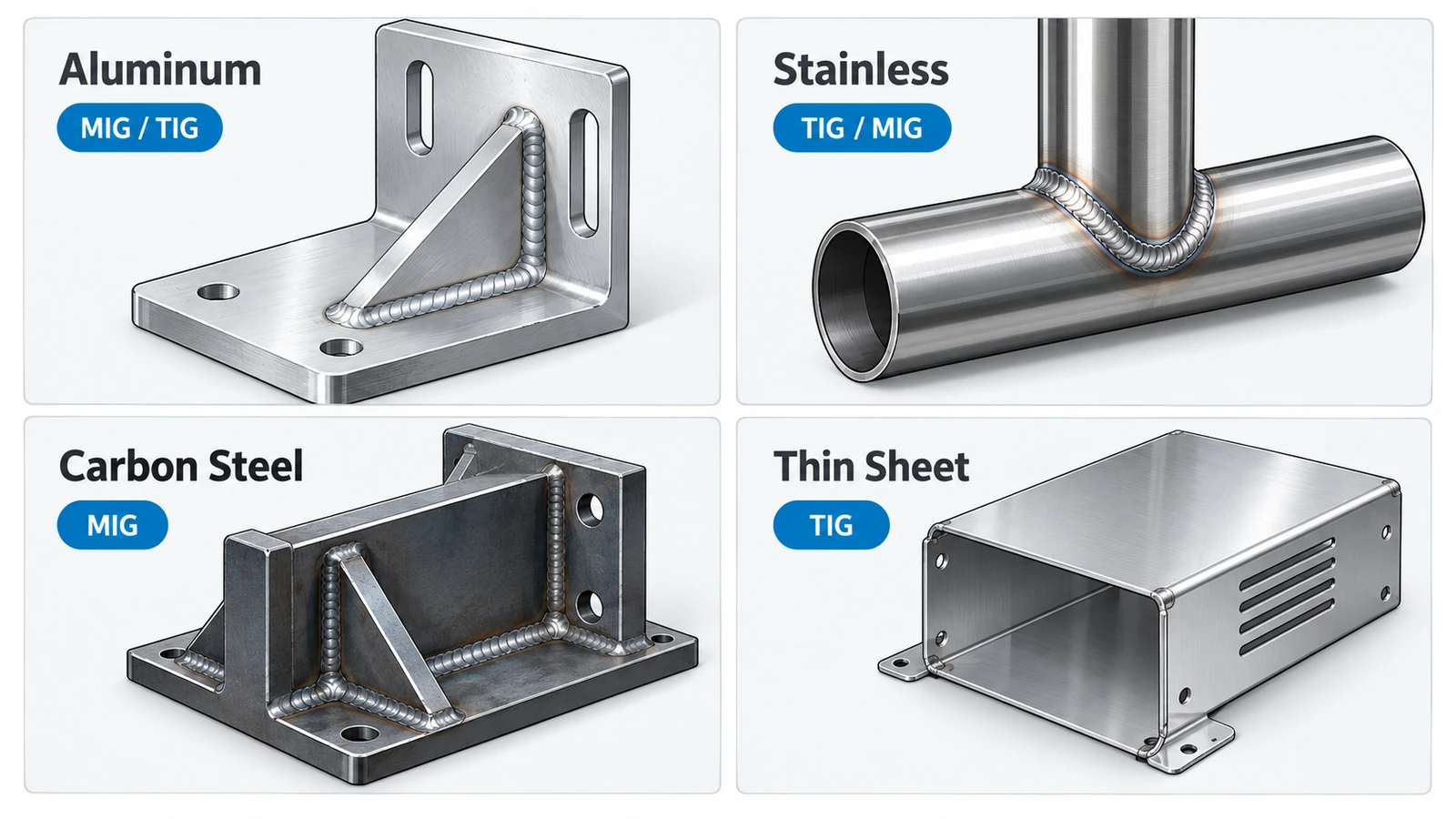 MIG and TIG welding choices for aluminum, stainless steel, carbon steel and thin sheet metal