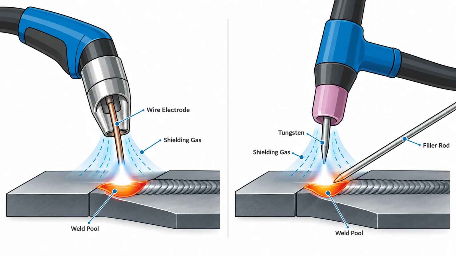 MIG vs TIG welding process showing wire electrode, tungsten electrode, shielding gas and filler rod