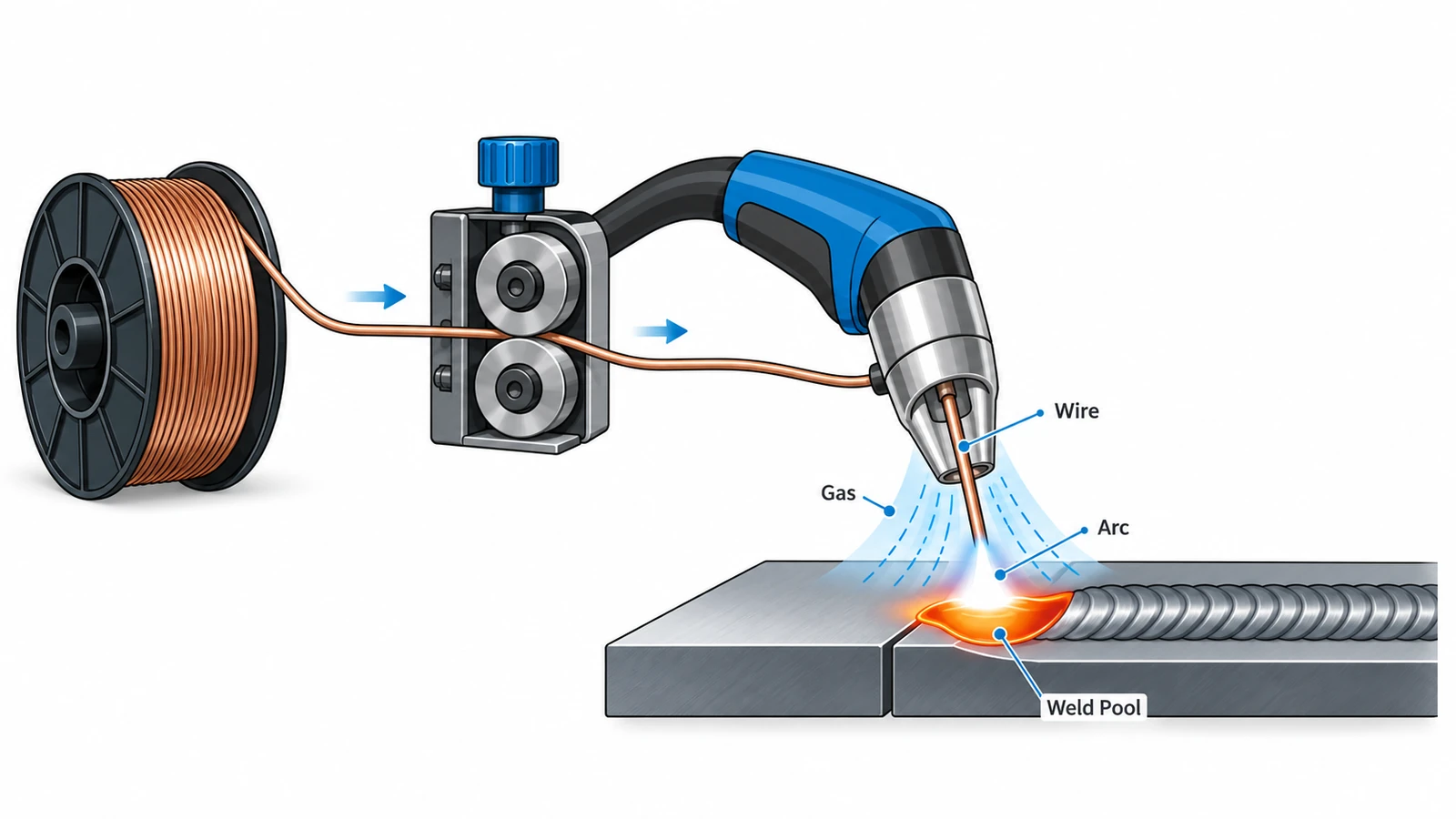 MIG welding process with wire spool, drive rollers, shielding gas, arc and weld pool