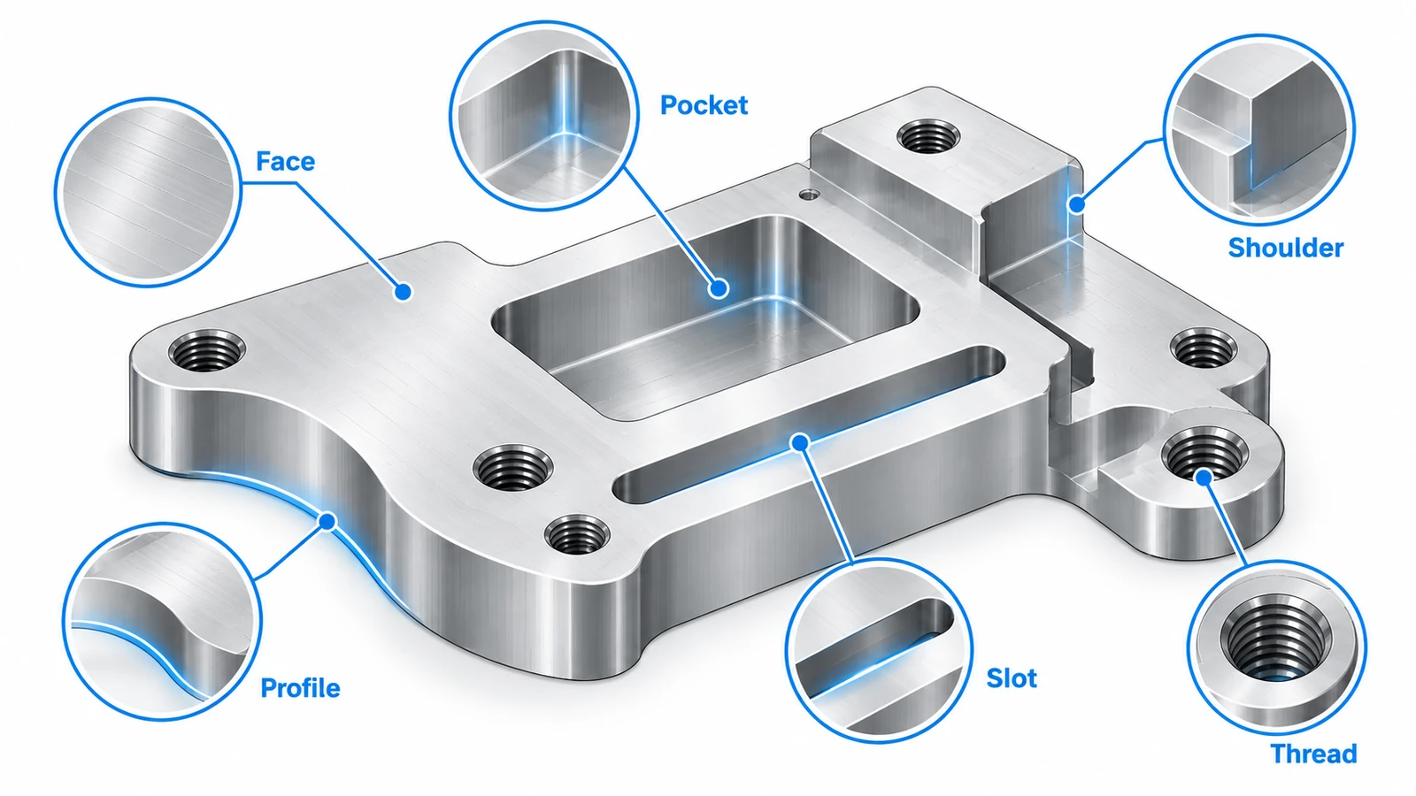 CNC machined part showing face, pocket, shoulder, slot, profile and thread features
