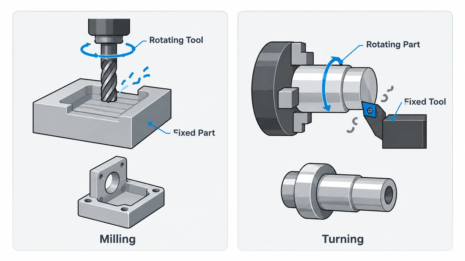 Comparison of CNC milling and CNC turning showing rotating tool and rotating workpiece