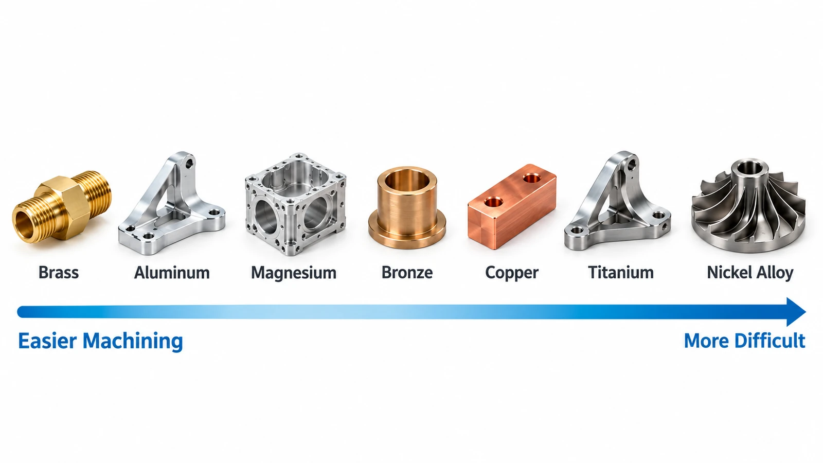 CNC machinability comparison of brass, aluminum, magnesium, bronze, copper, titanium and nickel alloy