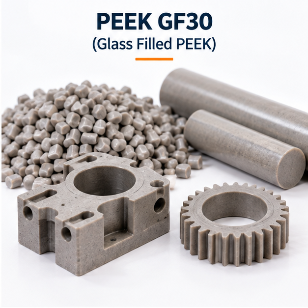 Glass filled PEEK GF30 material and machined parts