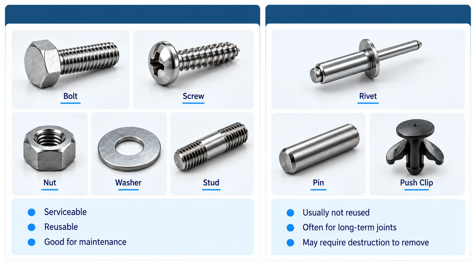 Permanent vs removable fasteners showing bolts, screws, studs, rivets and pins