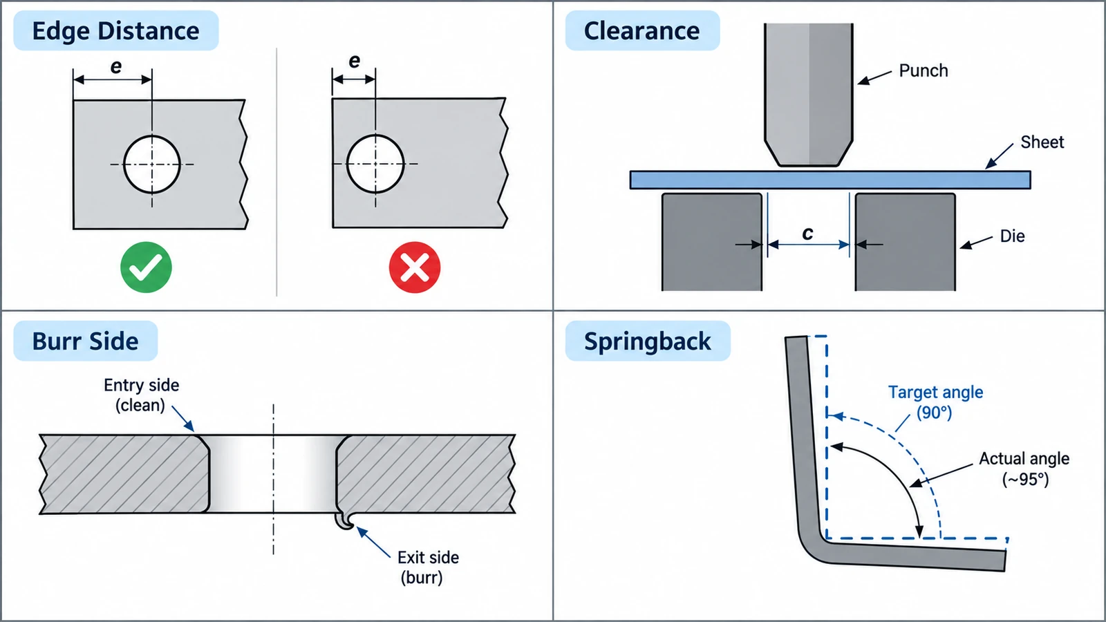Punching and stamping DFM issues including edge distance die clearance burr direction and springback