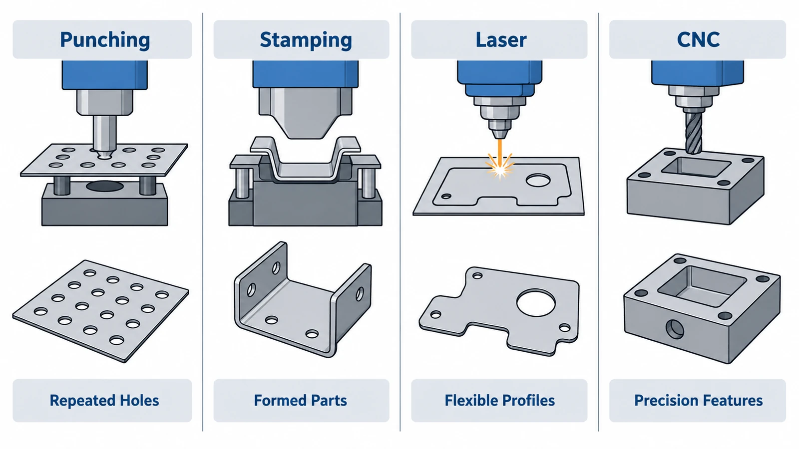 Comparison of punching stamping laser cutting and CNC machining processes