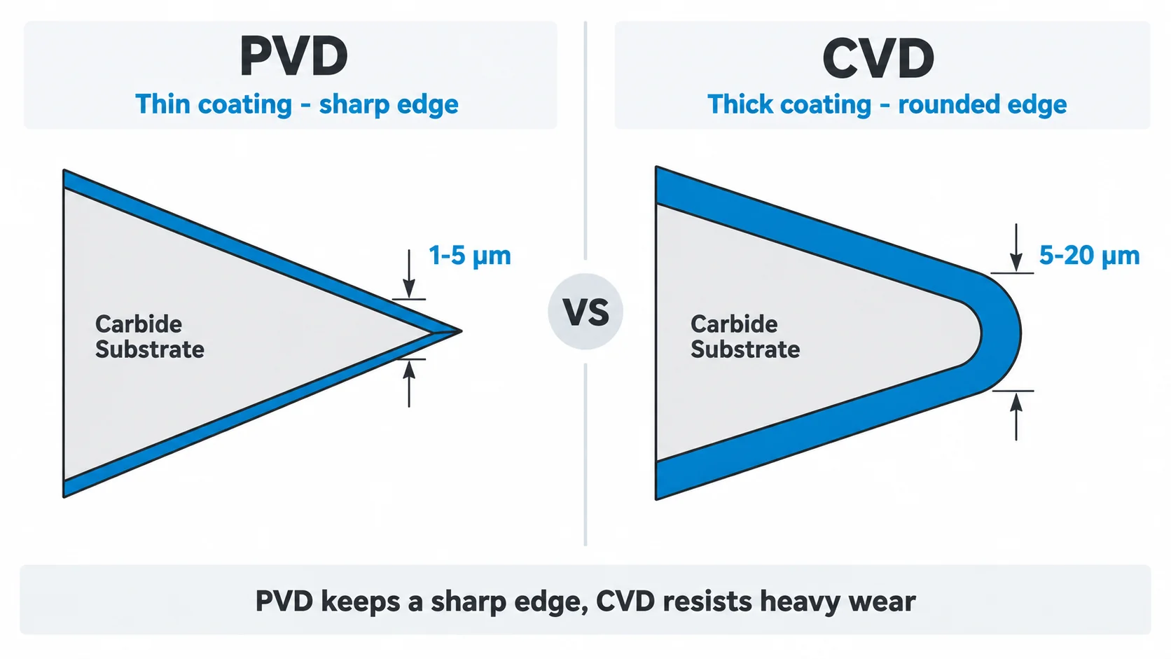 PVD vs CVD tool coating cross section on a carbide insert cutting edge