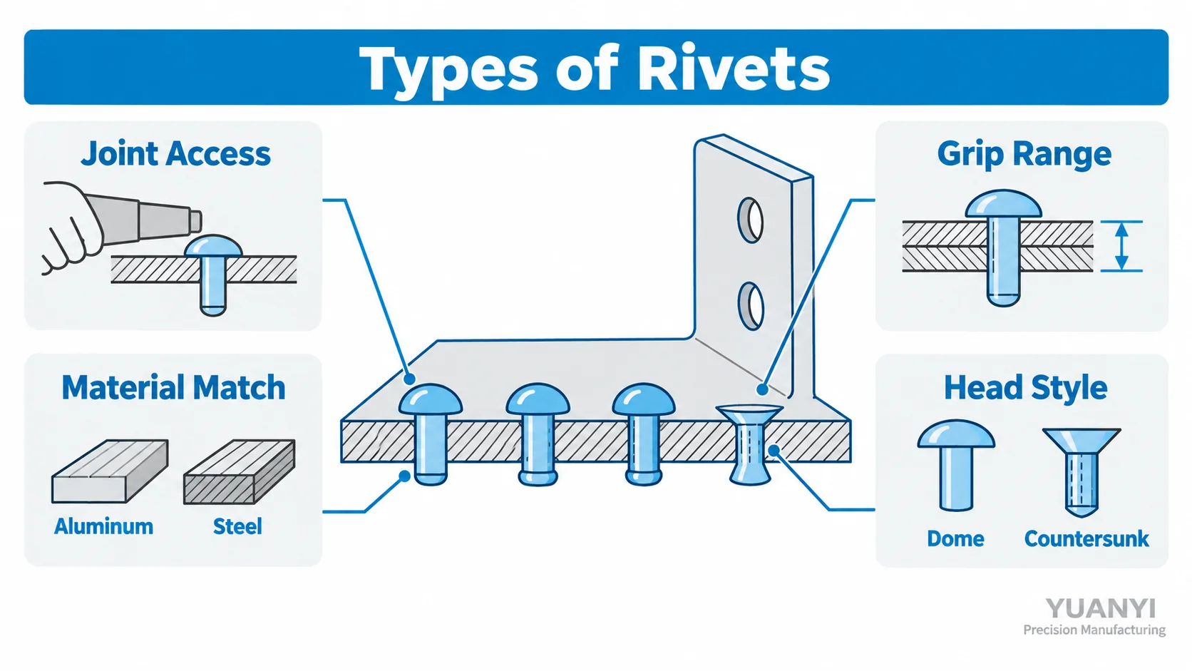 Rivet anatomy showing factory head, shank, tail, shop head and blind rivet mandrel