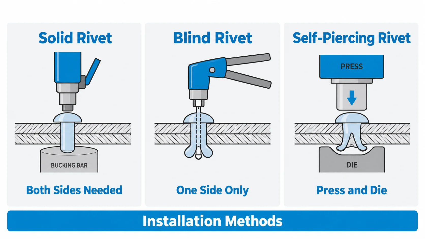 Rivet installation methods: solid rivet with bucking bar, blind rivet tool and self-piercing rivet press