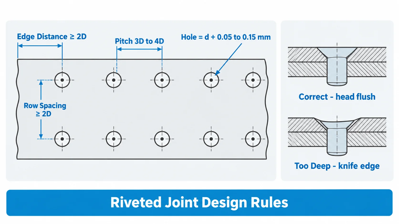 Riveted joint design rules: hole clearance, edge distance, rivet pitch and countersink depth