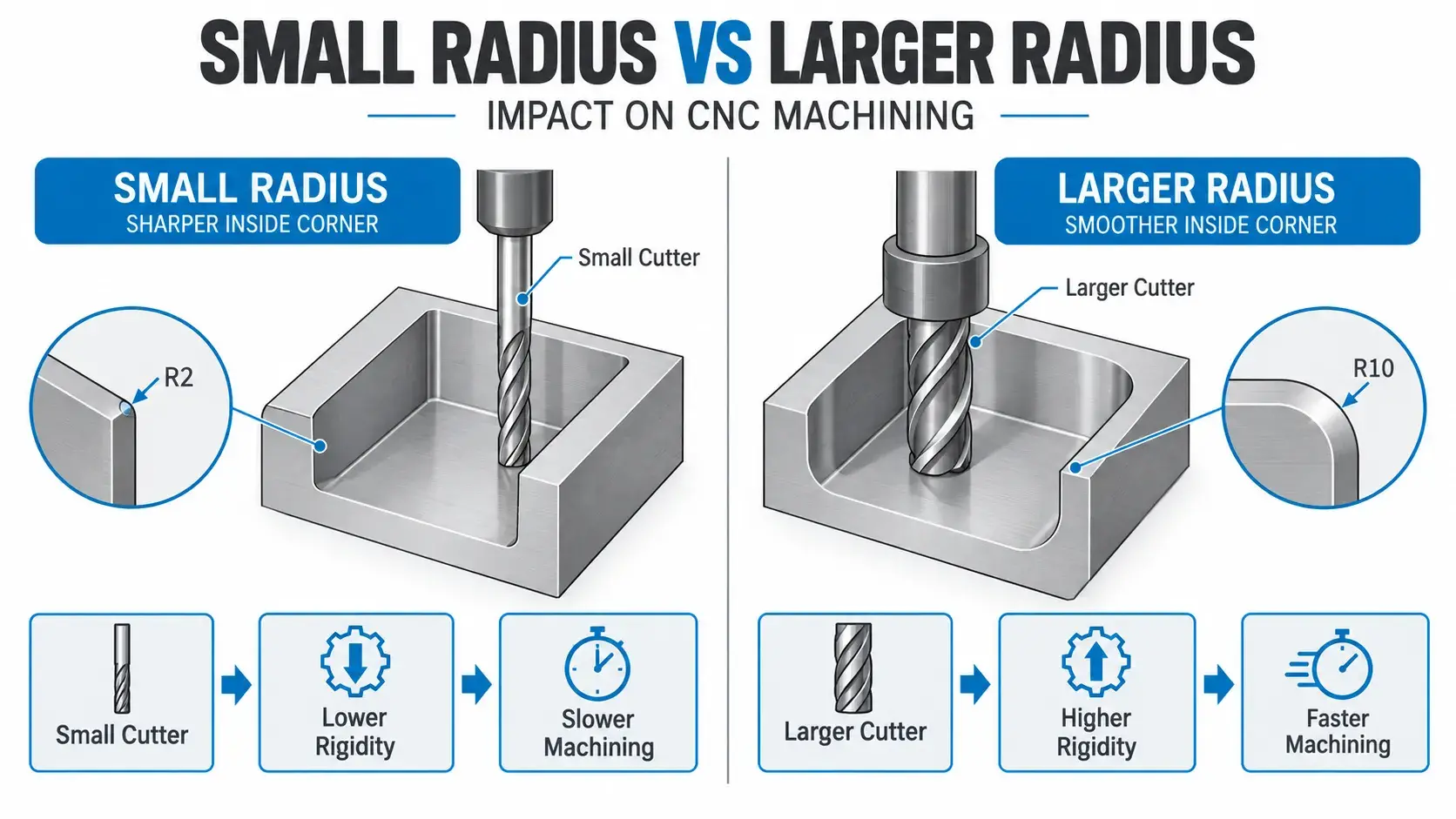 Small versus large internal fillet radius effect on CNC cutter rigidity and machining time