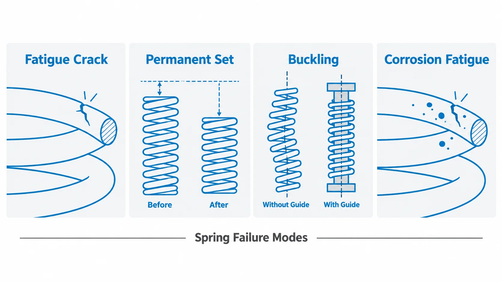 Spring failure modes: fatigue cracking, permanent set, buckling and corrosion fatigue
