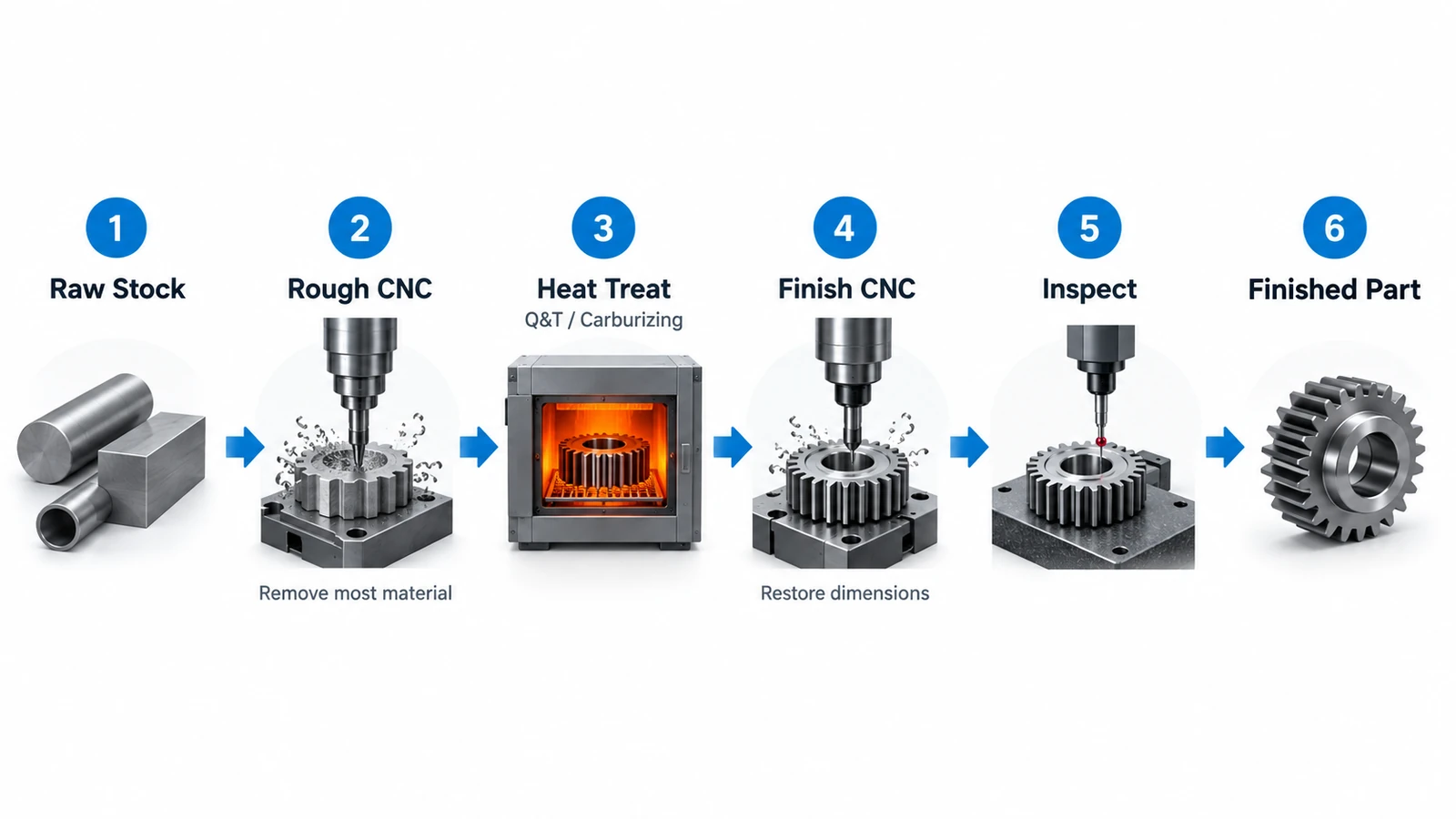 CNC machining and heat treatment process from raw stock to finished steel part