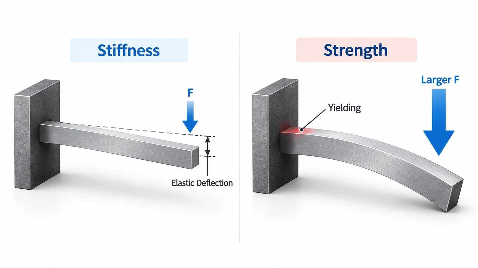 Stiffness vs strength showing elastic deflection and material yielding