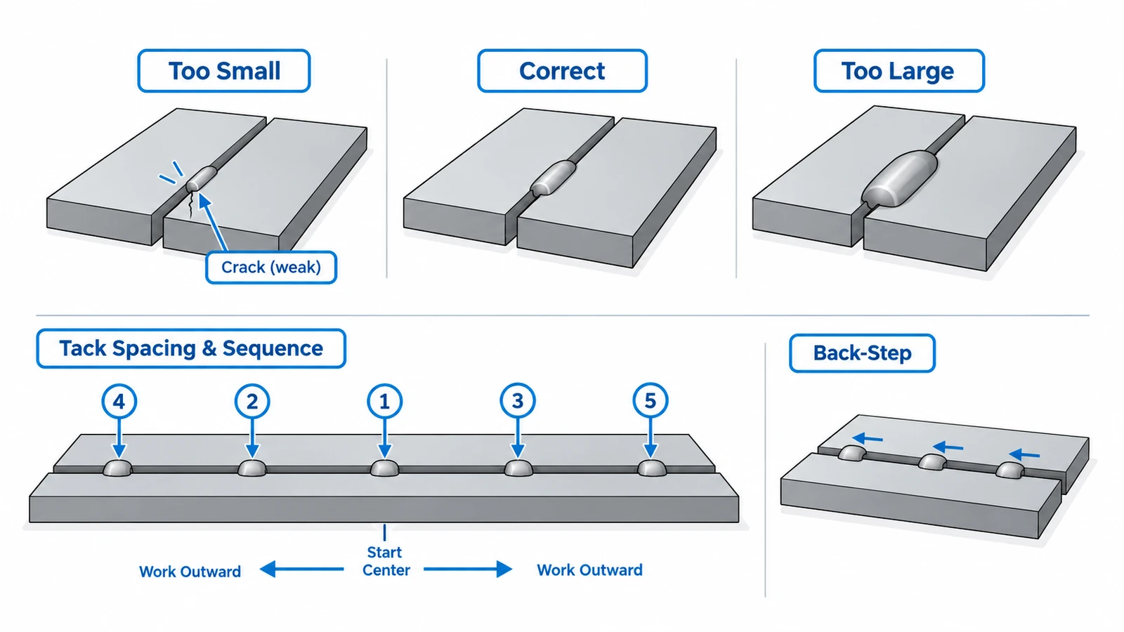 Tack weld size spacing and welding sequence for distortion control
