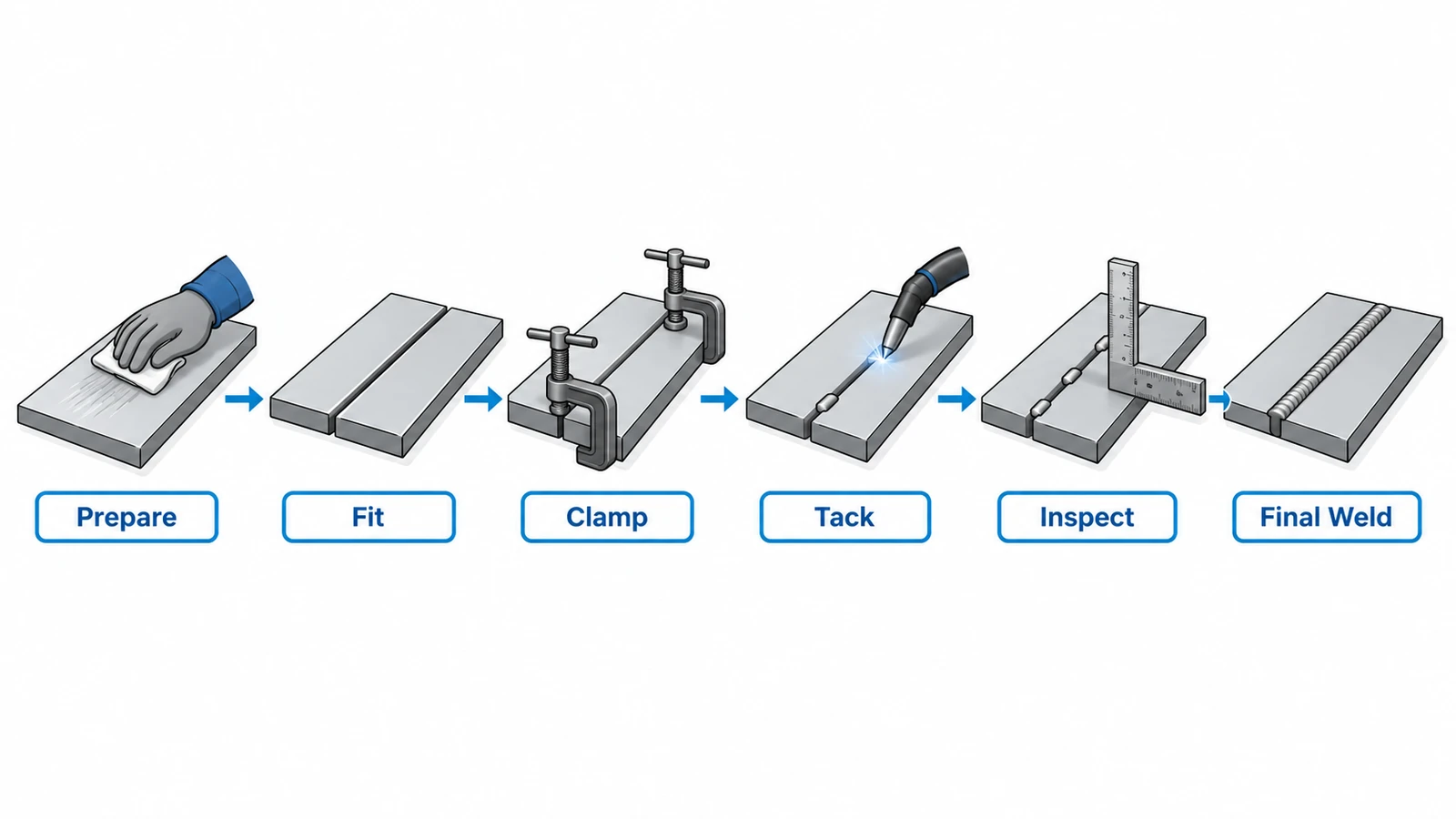 Tack welding process from joint preparation to final welding