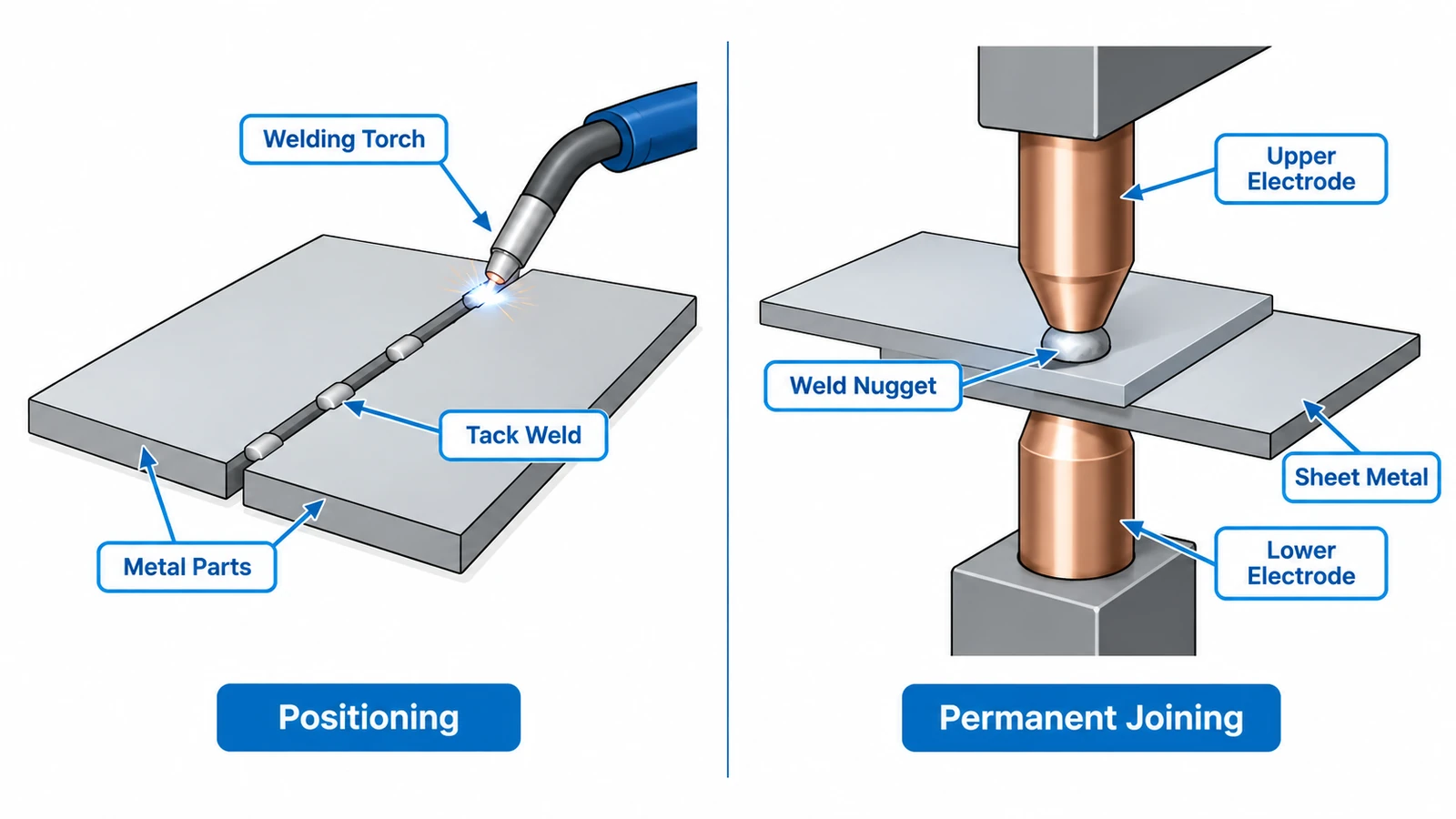 Tack welding vs spot welding process comparison