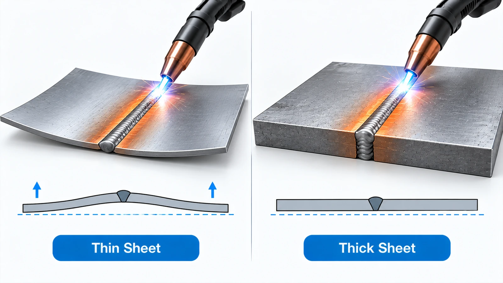Welding distortion comparison between thin and thick sheet metal