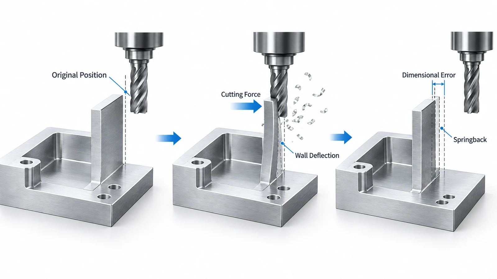 Thin wall deflection and springback during CNC milling