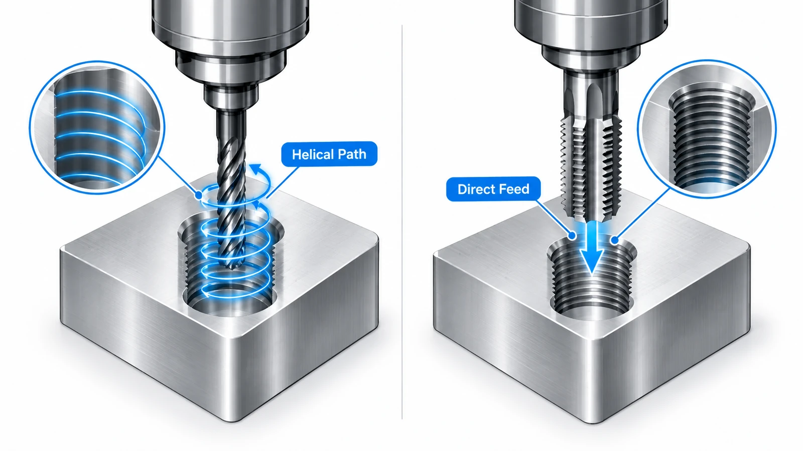 Thread milling vs tapping showing helical toolpath and direct feed