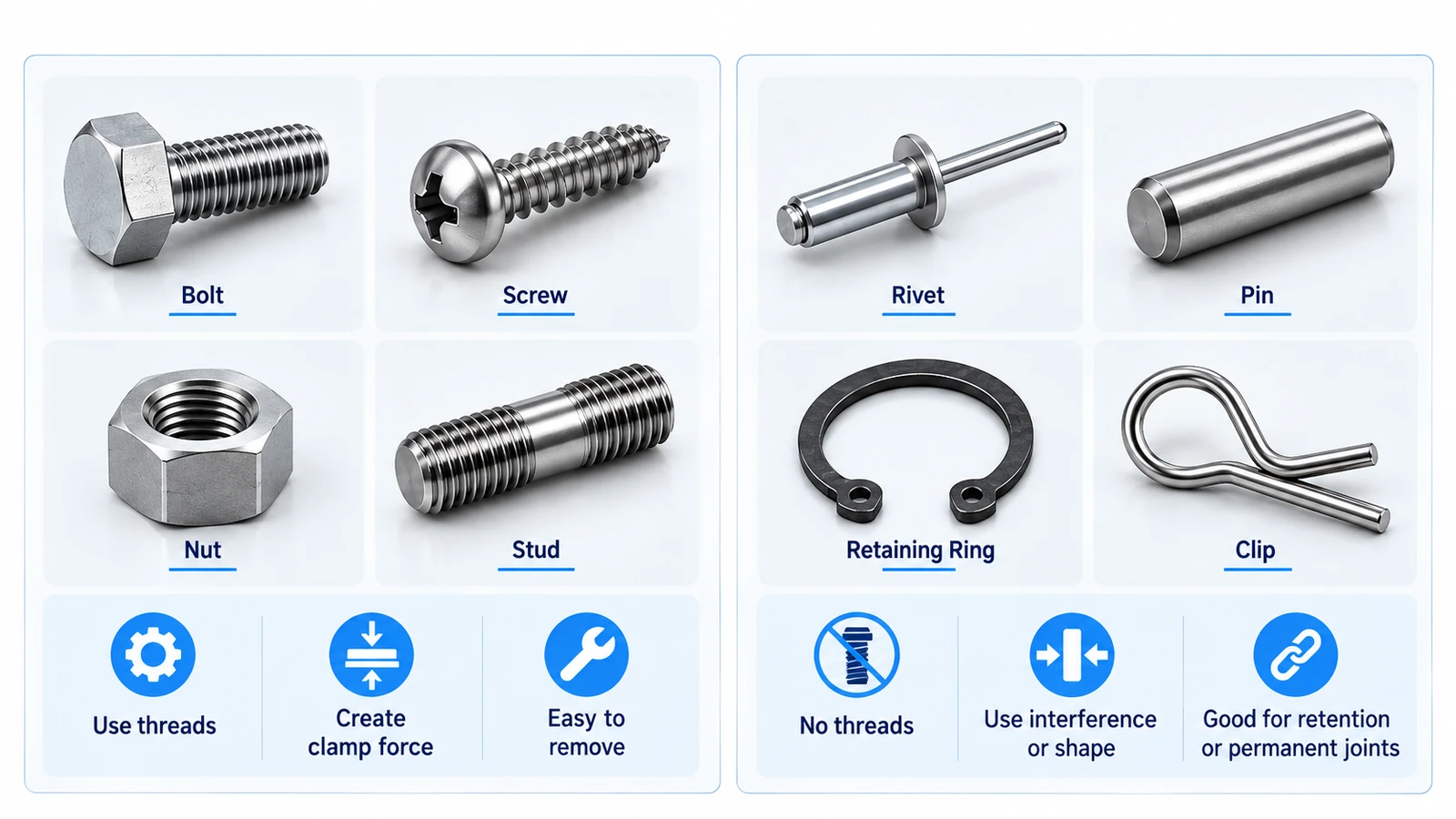 Threaded vs non-threaded fasteners including bolts, screws, rivets, pins and retaining rings