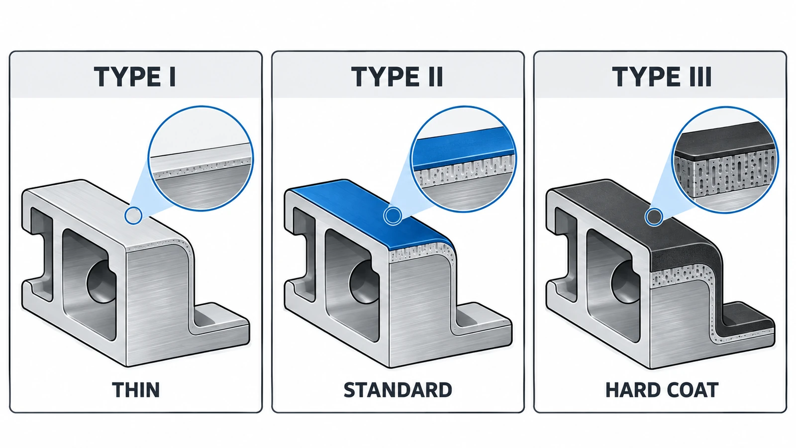 Comparison of Type I Type II and Type III aluminum anodizing