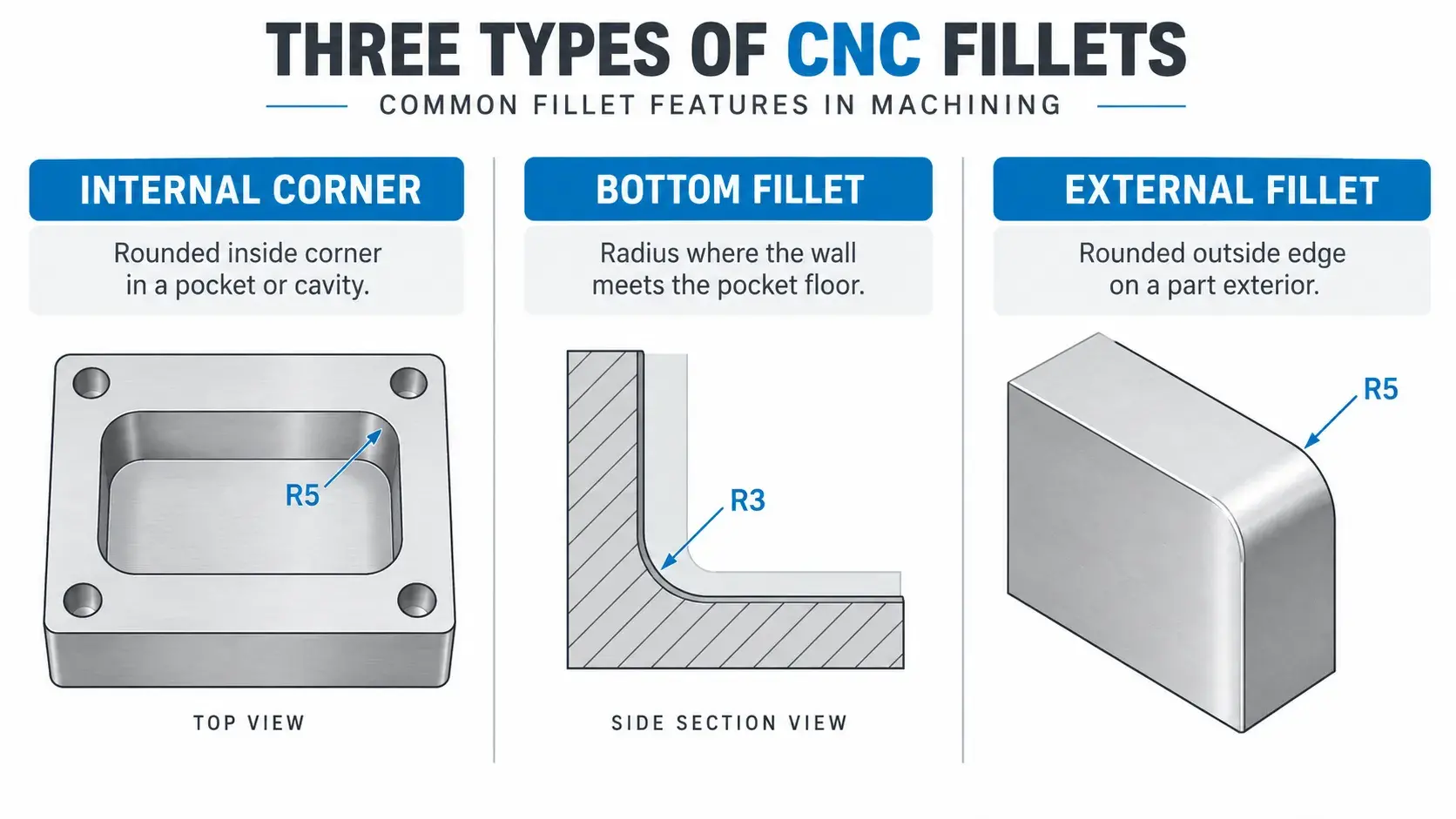 Internal corner, bottom and external fillet types in CNC machining