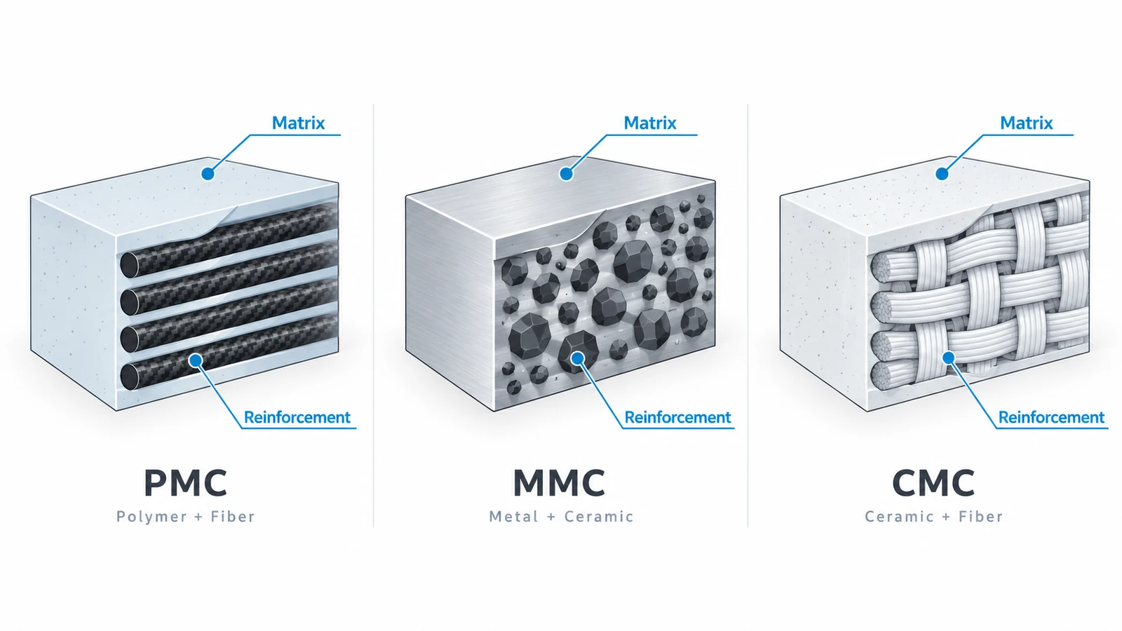 PMC, MMC and CMC composite material structures with matrix and reinforcement