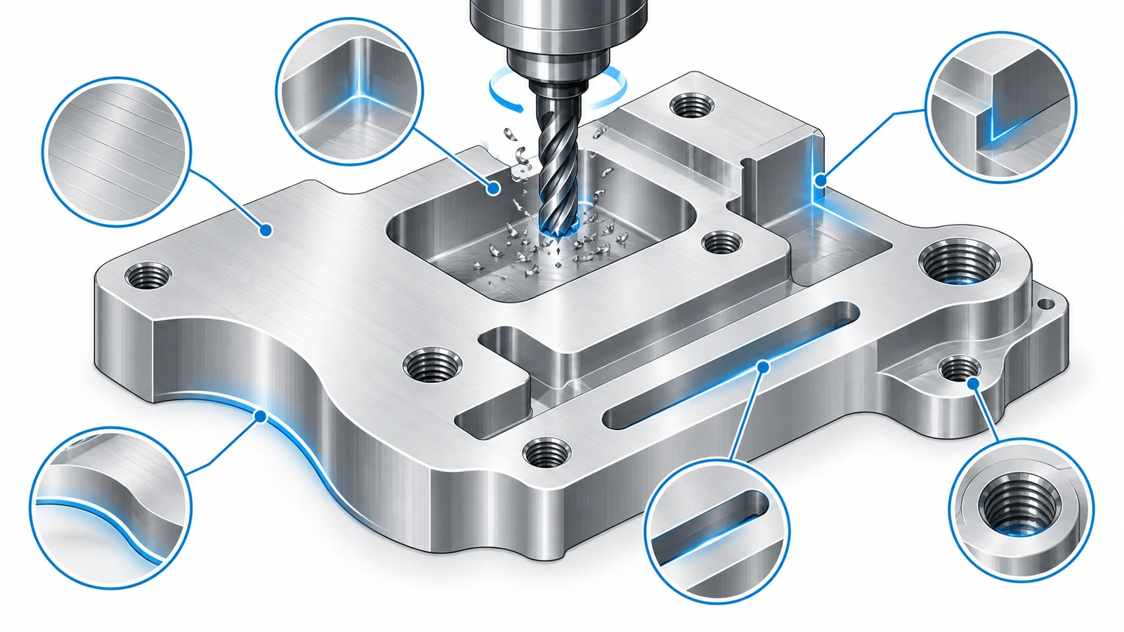 CNC milling operations on a machined aluminum part