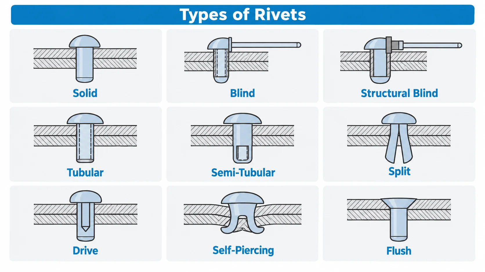 Common types of rivets including solid, blind, structural blind, tubular, split and self-piercing rivets
