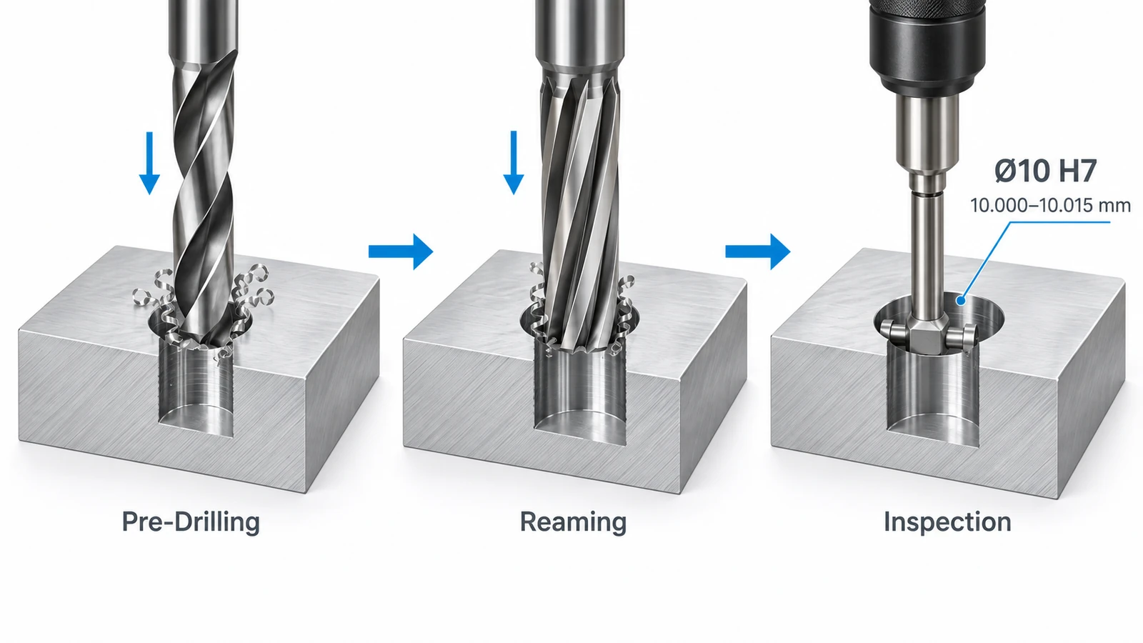 CNC machining process for a 10 mm H7 precision hole showing drilling reaming and inspection