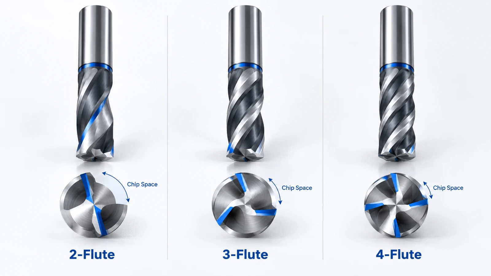Comparison of 2-flute, 3-flute, and 4-flute end mills showing cutting edges and chip evacuation space