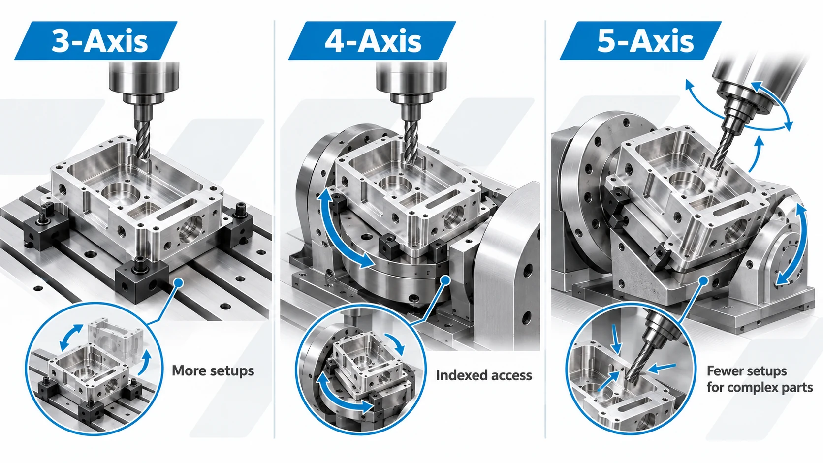 3-axis vs 4-axis vs 5-axis CNC milling cost comparison showing workholding and multi-face machining differences